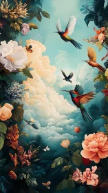 Luminous hummingbirds soaring through lush floral clouds.