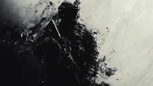 Silhouetted tactical soldier dissolving into inked smoke.
