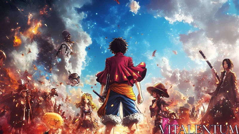 Stormlit pirate vanguard strides through burning skyfields.