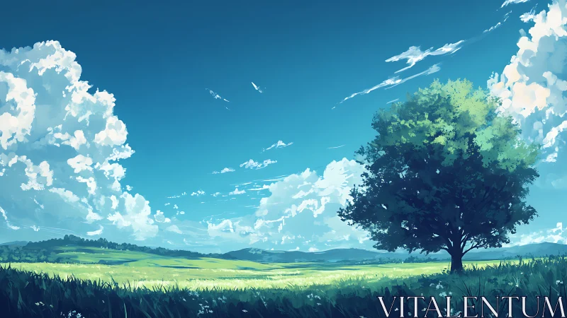 Digital painting landscape with solitary tree and cumulus sky.