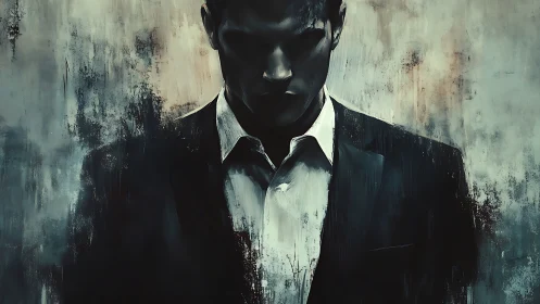 Shadowed figure in a suit stands in softly blurred darkness