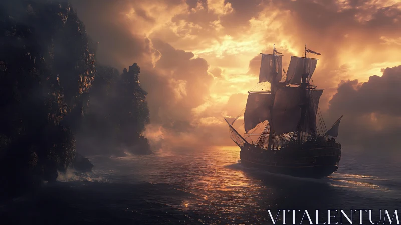 Sunlit galleon sails past misty cliffs at burning dusk skies