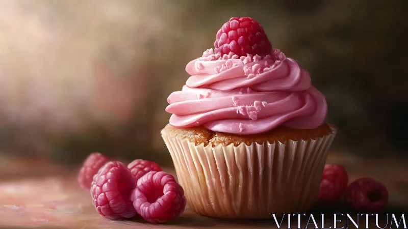 Pink Frosted Cupcake with Raspberry Garnish. Elegant dessert creation.