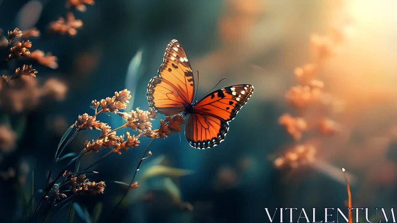 Monarch butterfly in golden backlight over soft bokeh meadow.