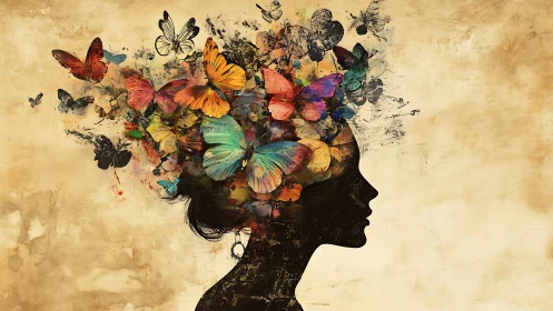 Silhouette profile with exploding multicolor butterfly mindscape.