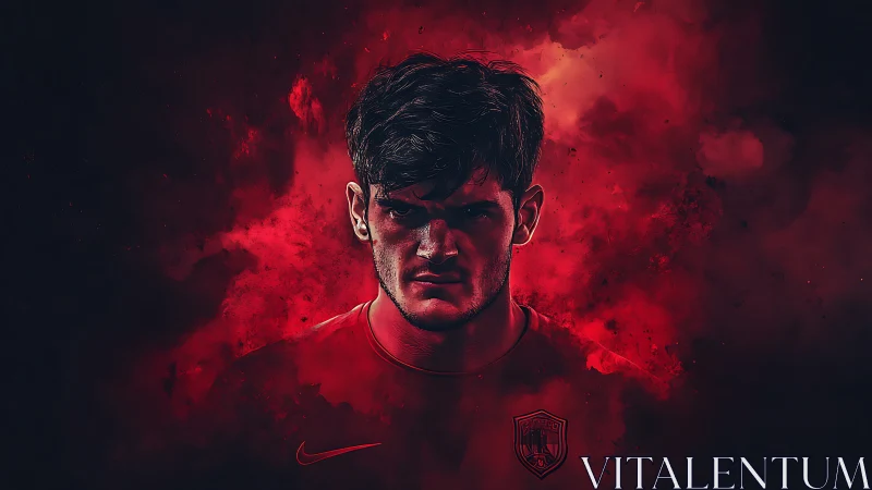 Intense football portrait emerges from red atmospheric smoke