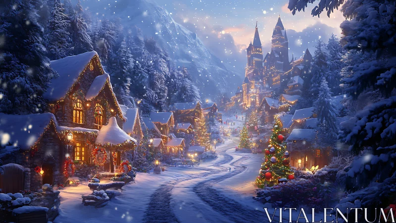 Snowy Christmas village street with glowing cottages.