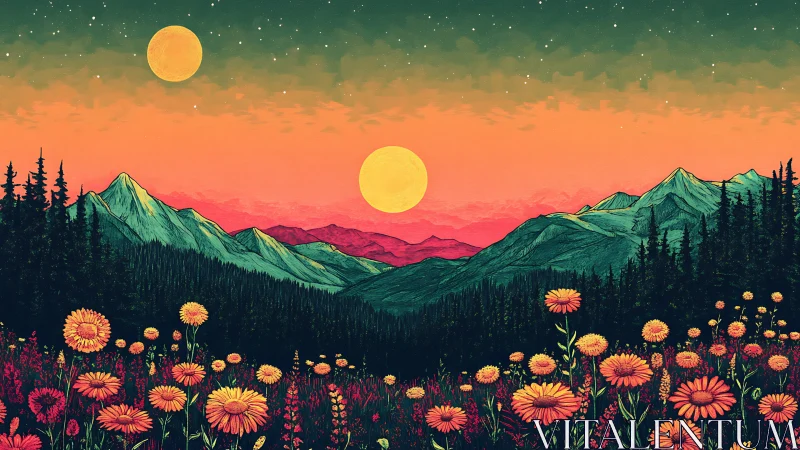 Surreal twin-moon alpine valley with chromatic wildflower field.