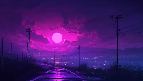 Neon dusk highway under a magenta electric moon.