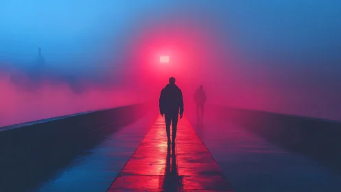Striking silhouettes stroll toward a glowing pink city light