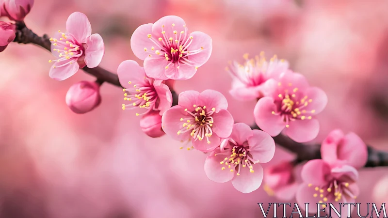 Pink Peach Blossoms with Golden Stamens in Soft Focus.