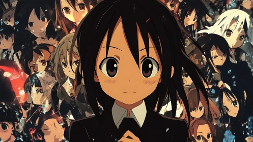 Confident anime schoolgirl stands before layered character collage