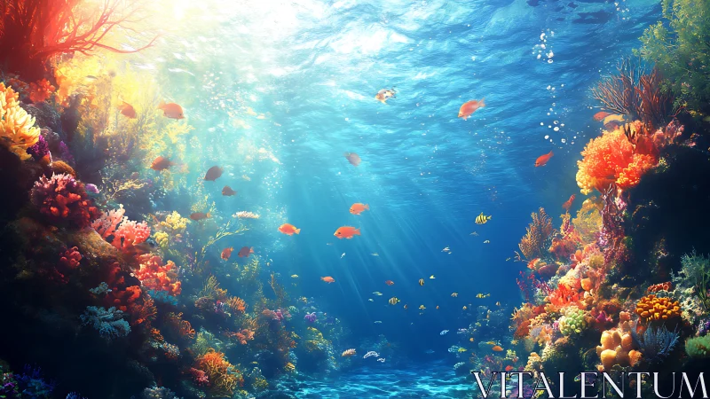 Sunlit coral reef teems with colorful tropical marine life