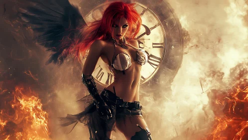 Fiery winged warrior before burning clock vortex.