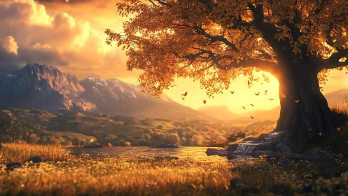 Large deciduous tree stands by a reflective lake at sunset