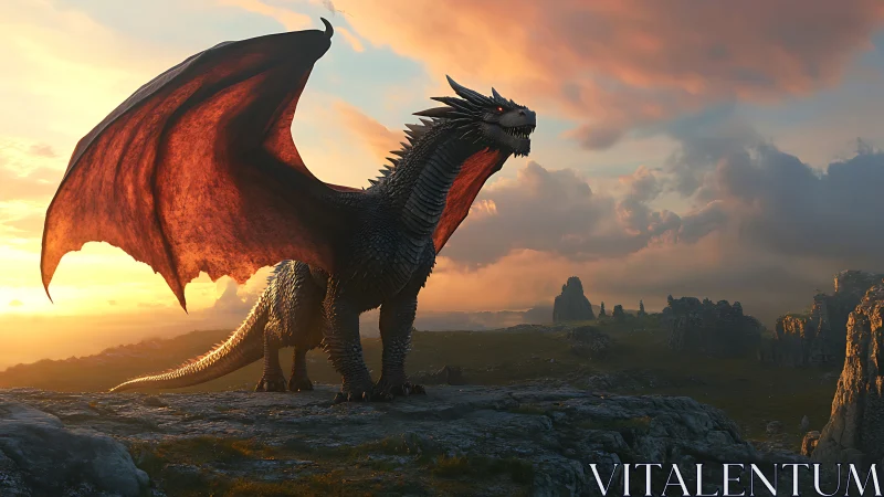 Sunlit black dragon guards windswept rocky highlands.