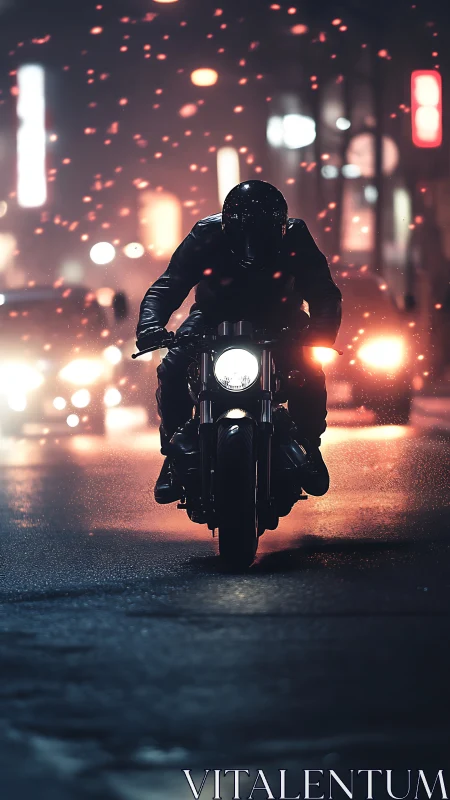 Motorcyclist rides wet city street under drifting night lights