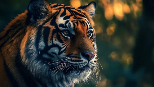 Regal tiger gazes into warm forest dusk in close-up portrait.