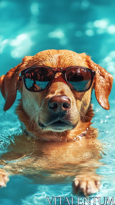 Wet Labrador wearing sunglasses in bright blue pool water.