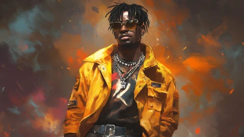 Neon ember swagger king in a storm of painted sparks.