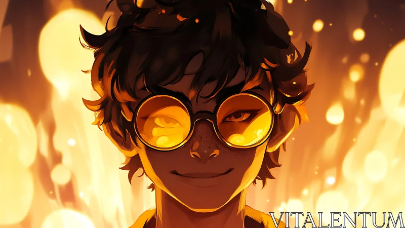 Young figure in orange-tinted goggles before glowing lights.