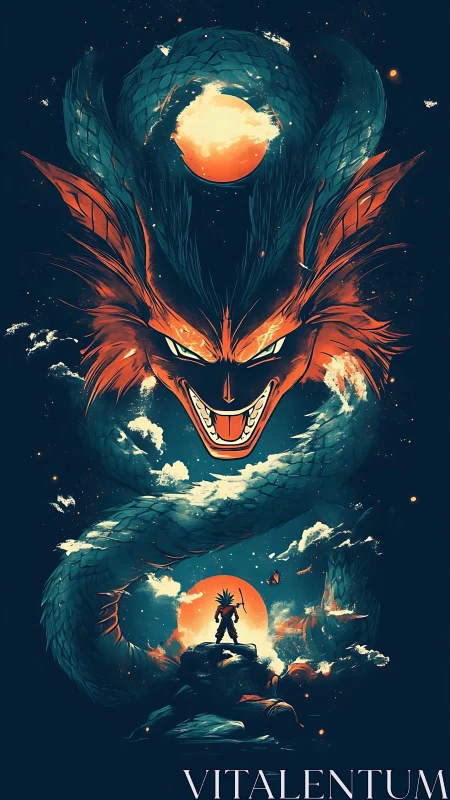 Coiled celestial dragon encircling lone warrior silhouette at dusk