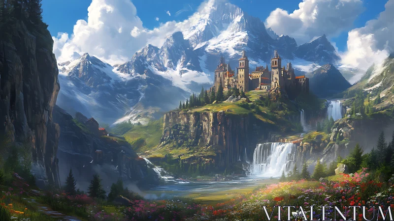 Mountain citadel overlooks cascading waterfalls and alpine valley