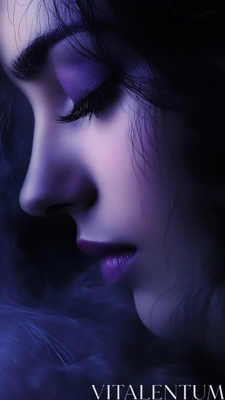 Violet-lit profile captures serene woman in dreamy haze.