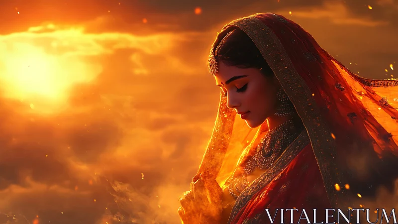 Sunset prayers weave embers around the veiled bride
