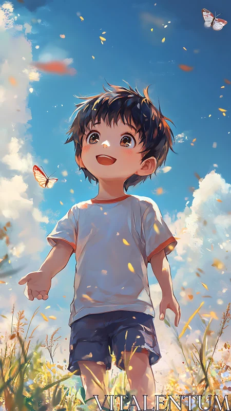 Joyful child in summer field with butterflies under sky.