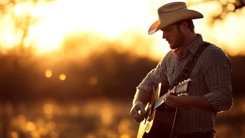 Golden hour cowboy gently strums guitar in warm country light