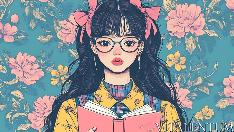 Bookish girl stands against floral backdrop in pastel hues