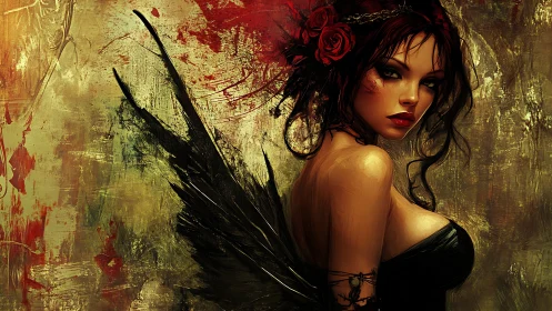 Digital painting of dark winged siren with crimson roses.