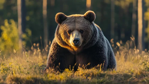 Golden-hour forest bear resting in soft evening light.