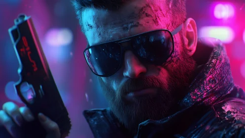 Neon-lit cyber assassin in reflective visor and pistol grip.