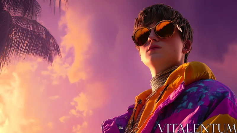 Sunset-lit streetwear icon gazes upward in neon skies.