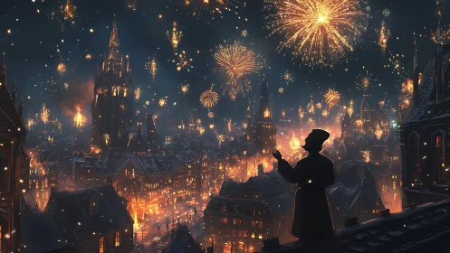 Silhouetted watcher greets luminous fireworks above old city.