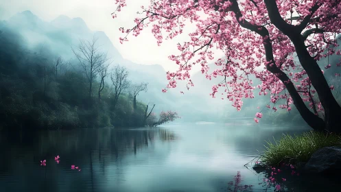 Cherry blossoms drift like soft lanterns over misty waters
