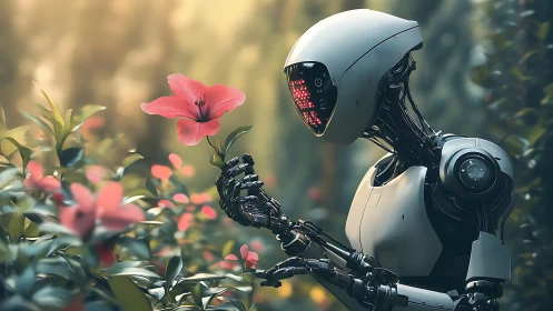 Robot in tranquil garden observing single pink flower.