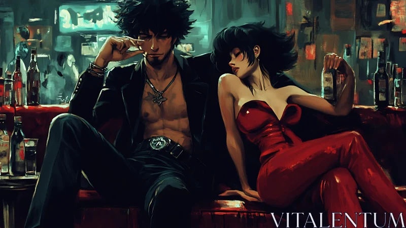 Neo-noir lounge couple in saturated red-black palette, bottles