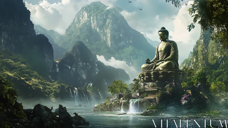 Large Buddha statue amid misty mountains and waterfalls.