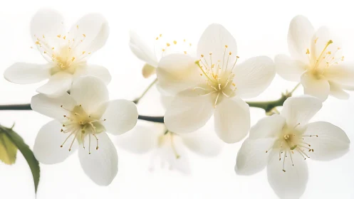 Delicate white jasmine flowers with golden stamens bloom in spring sunlight