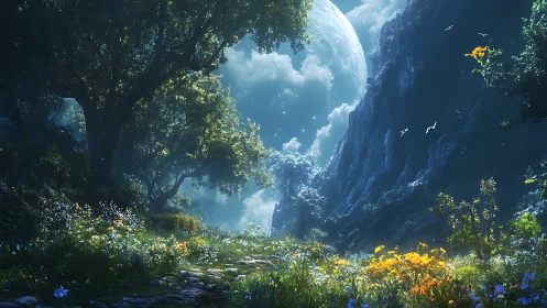 Moonlit valley path under enchanted forest canopy.