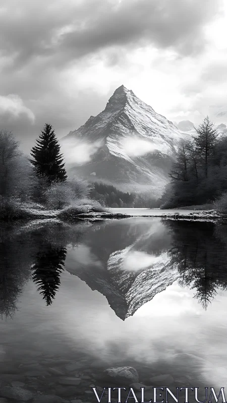 Snow peak mirrored in still alpine lake at dawn.