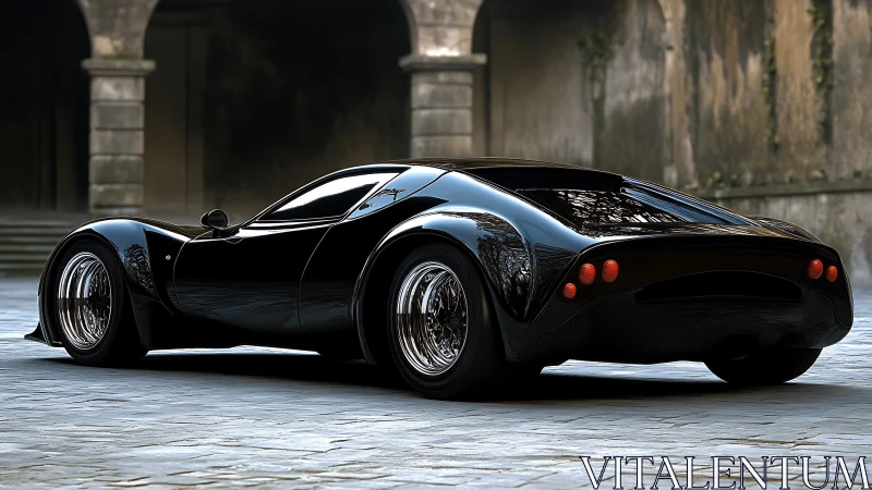 Sculpted black supercar reflects courtyard architecture with precision