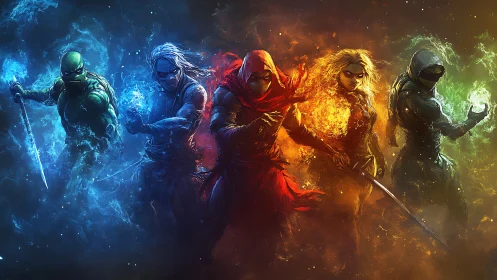 Elemental warriors aligned in vivid chromatic battle auras.