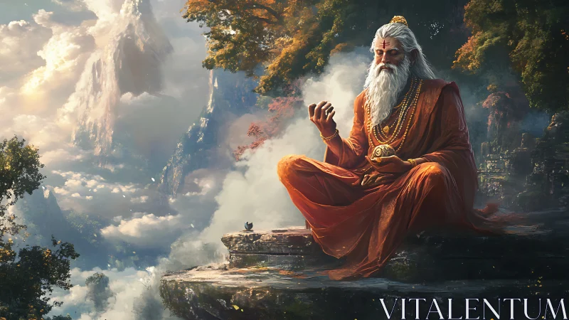 Mystic sage resting above the clouds in quiet sunrise peace.