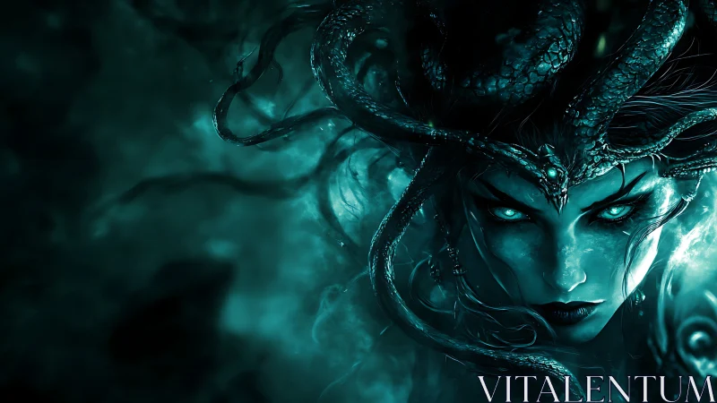 Serpents crown a moonlit gorgon as her void-lit eyes judge