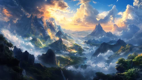 Sunlit fantasy peaks rising above a peaceful cloud valley.