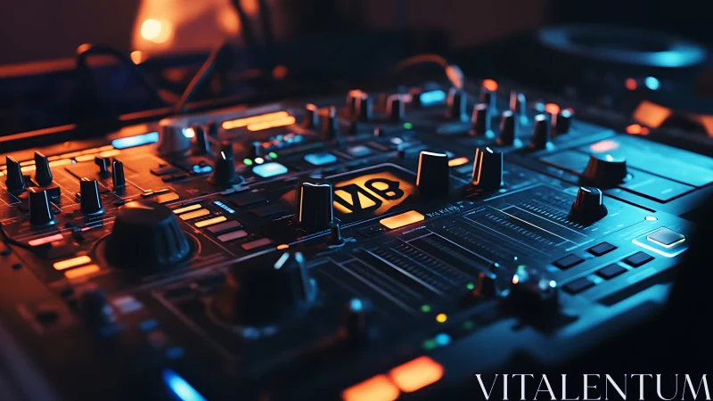 LED-lit DJ controller soundboard with faders in studio bokeh